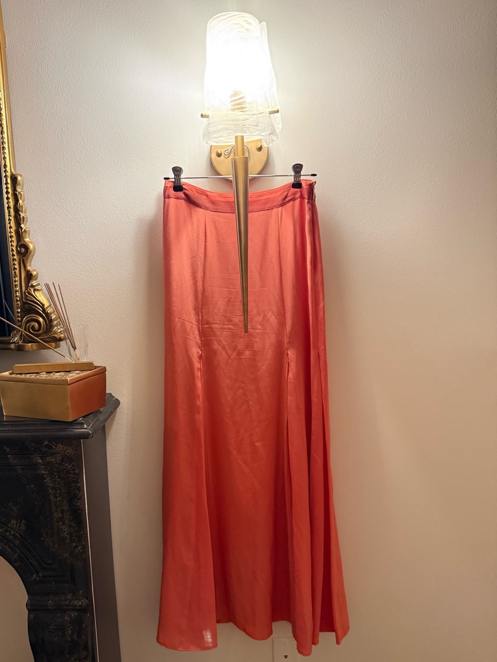 Vintage Tory Burch Melon Silk Maxi Skirt Grosgrain Ribbon Waist Trumpet Flare